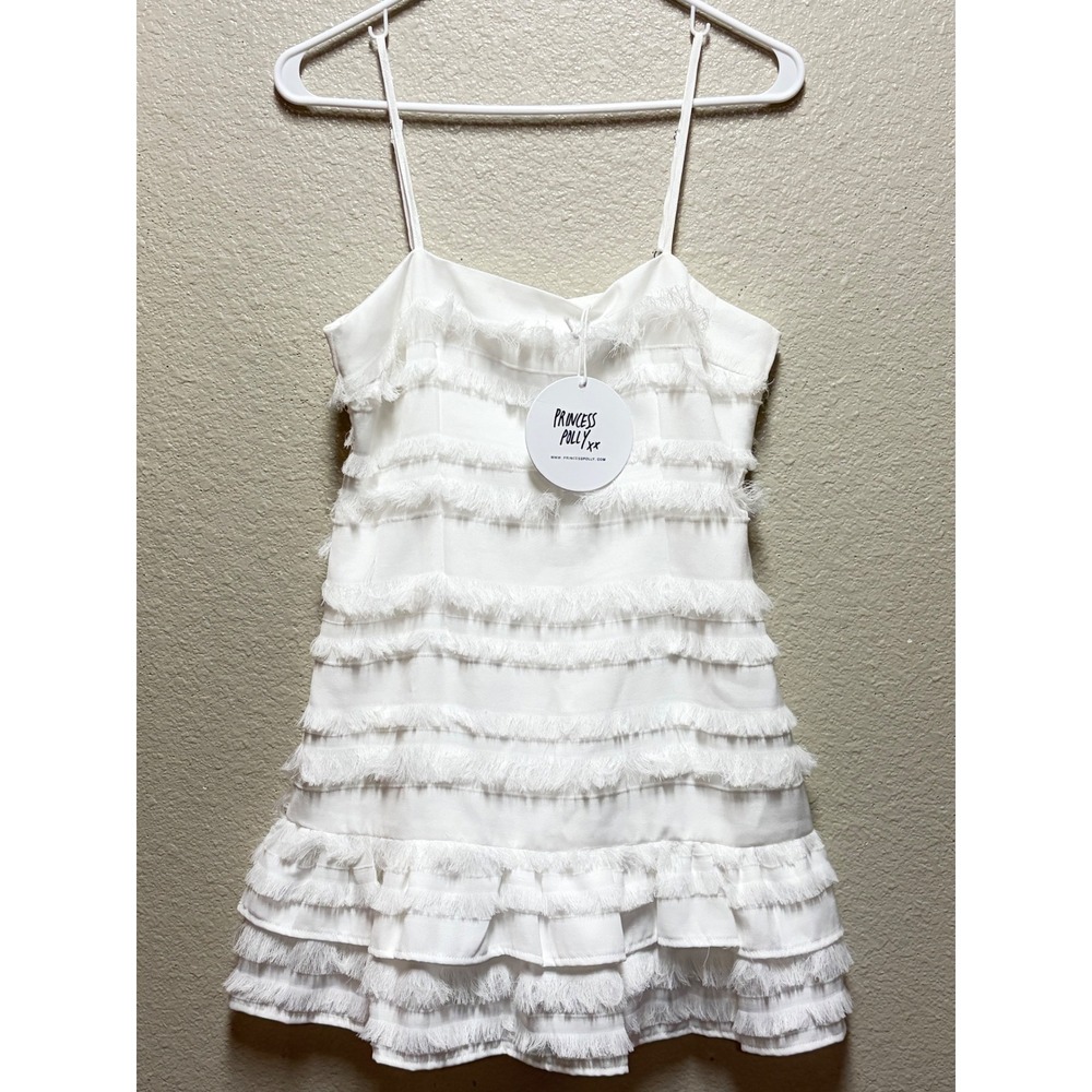 Princess Polly Molina White Fringe Tiered Mini Dress NWT Size 6 - Picture 1 of 9